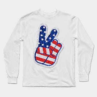 Victory Hand American Flag Glitter Sticker Long Sleeve T-Shirt